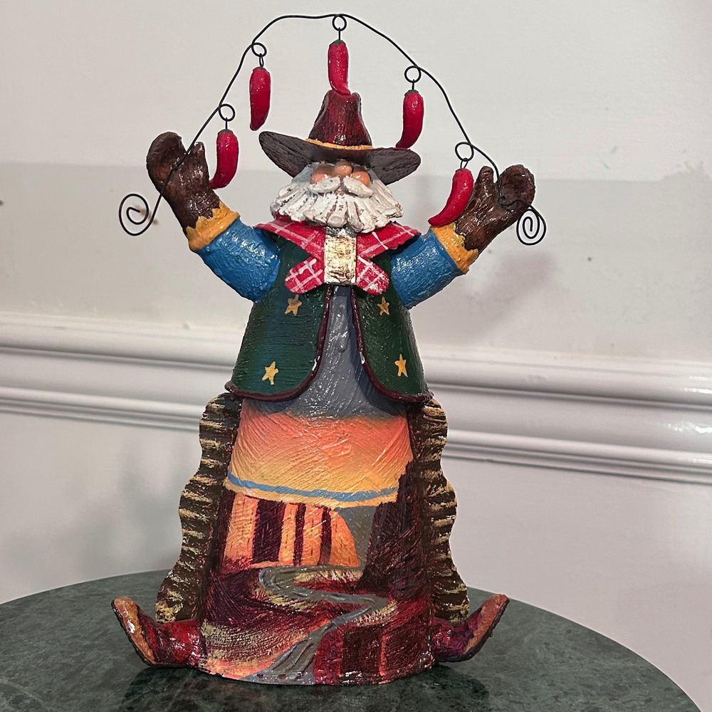 Southwestern Cowboy Santa Figurine Chili Peppers Canyon Landscape Rustic Decor